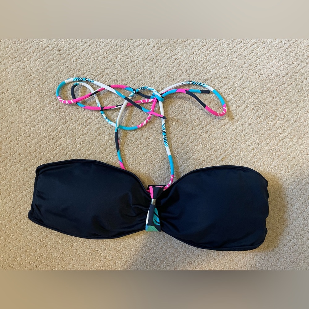 Hollister Black Bandeau Bathing Suit Top with tropical strings - Size Large